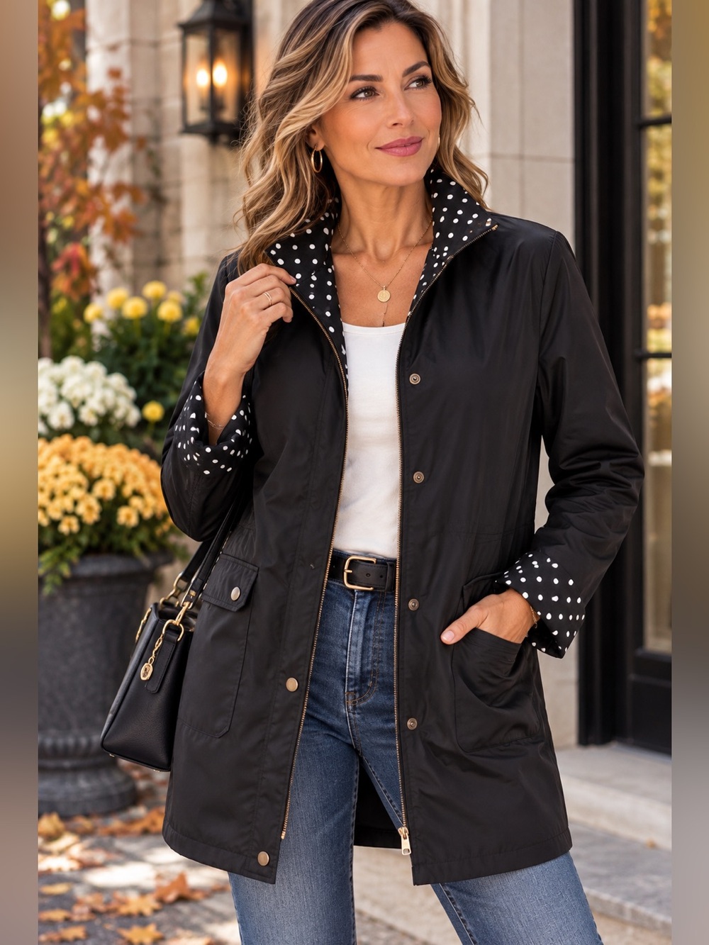 Jones New York Reversible Black Polka Dot Mid-Length Jacket Size M